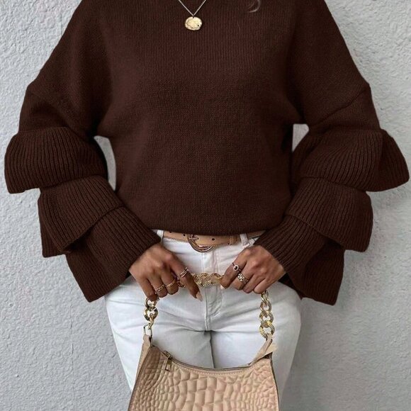 Coffee Brown Casual Women's Loose Sweater with Ruffle Hem and Drop Shoulder - Picture 6 of 6